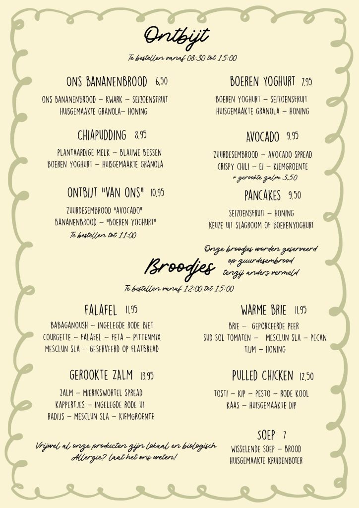 Wintermenu kaart, Koffie thee en zoet van Ons.